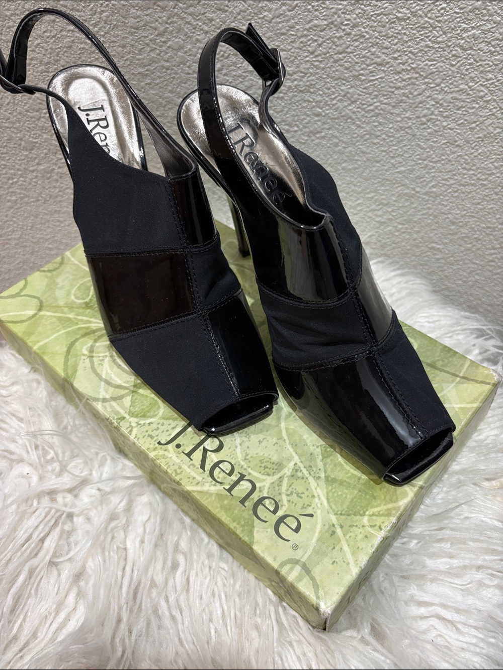 J.Renee Black Patent & Stretch Peep-Toe Slingback Heels